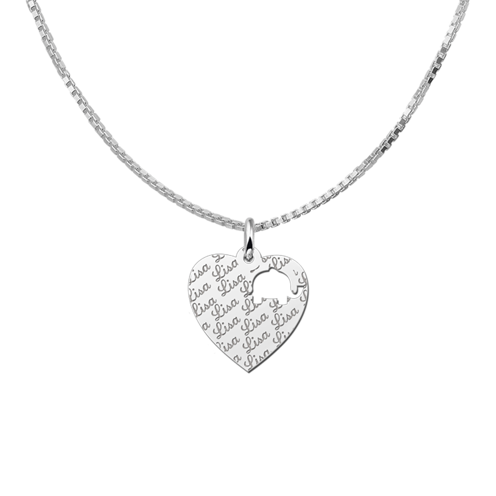 Repeatedly Engraved Silver Heart Necklace with an Elephant