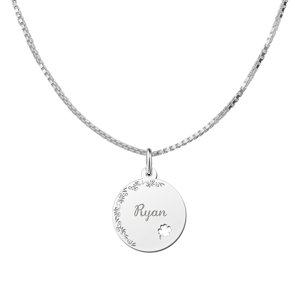 Personalised Silver Disc Pendant with Flowers and Four Leaf Clover