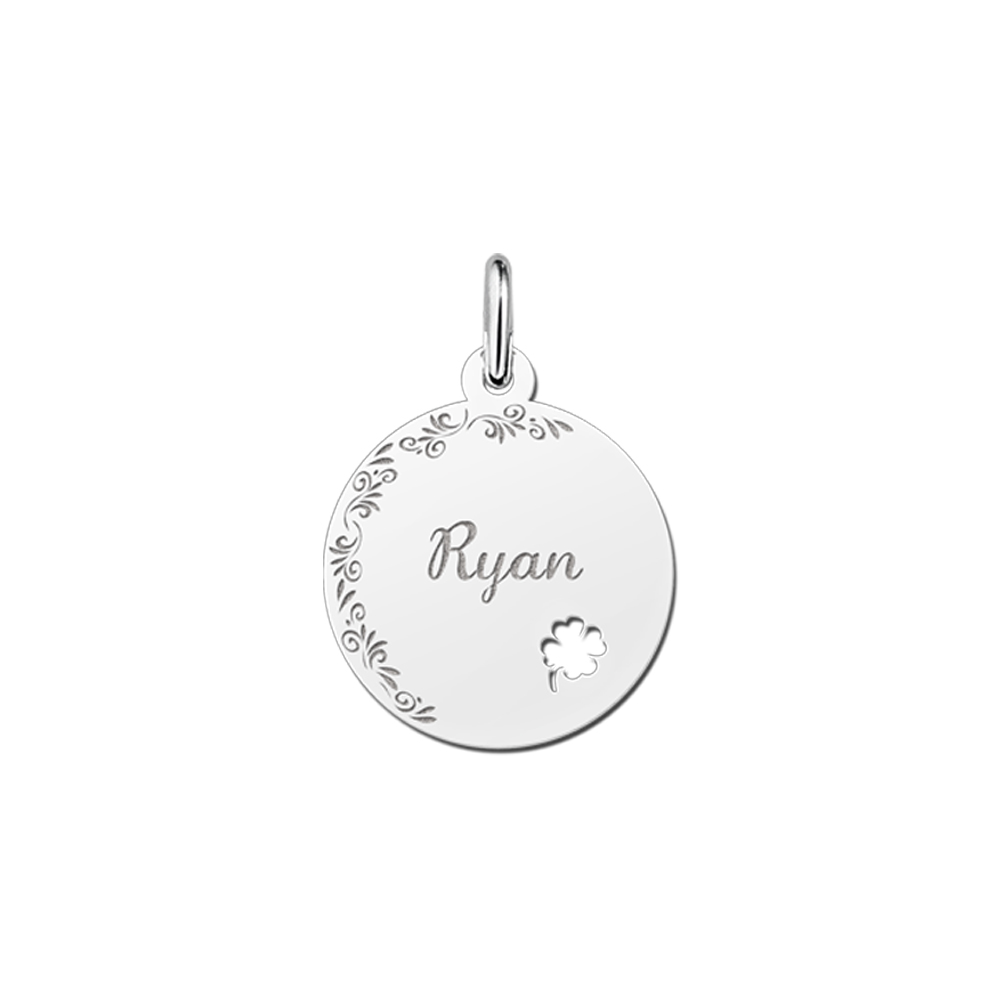 Personalised Silver Disc Pendant with Flowers and Four Leaf Clover