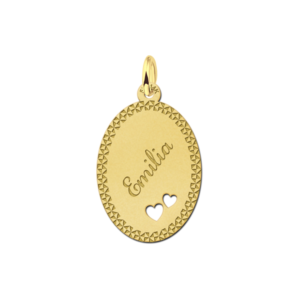 Golden Oval Necklace with Name, Border and Two Hearts Large
