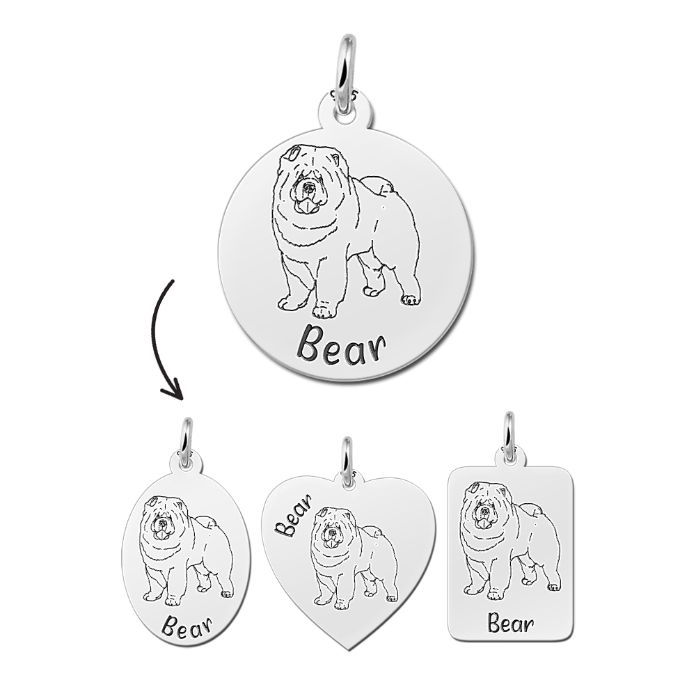 Silver dog necklace with name Chow Chow