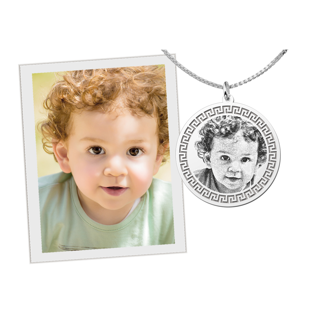 Round photo charm with hook pattern silver