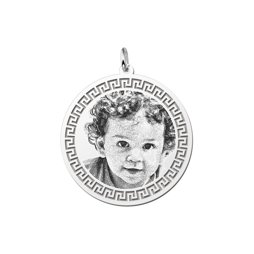 Round photo charm with hook pattern silver