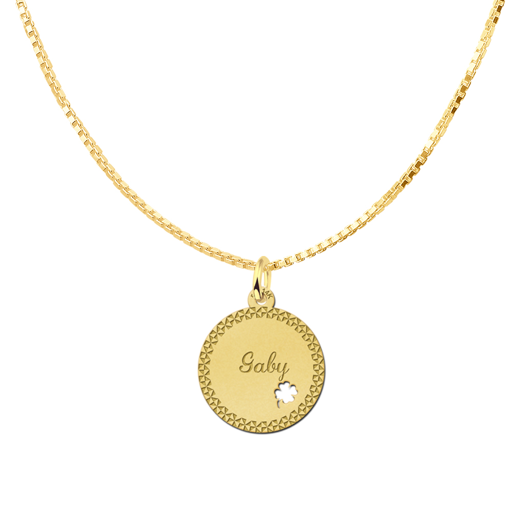 Personalised Gold Disc Pendant with Border and Four Leaf Clover