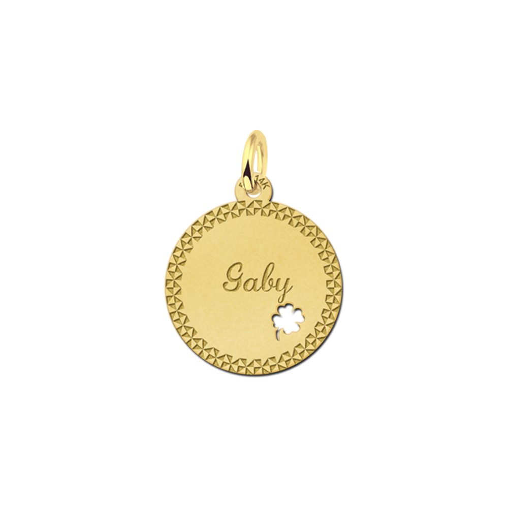 Personalised Gold Disc Pendant with Border and Four Leaf Clover