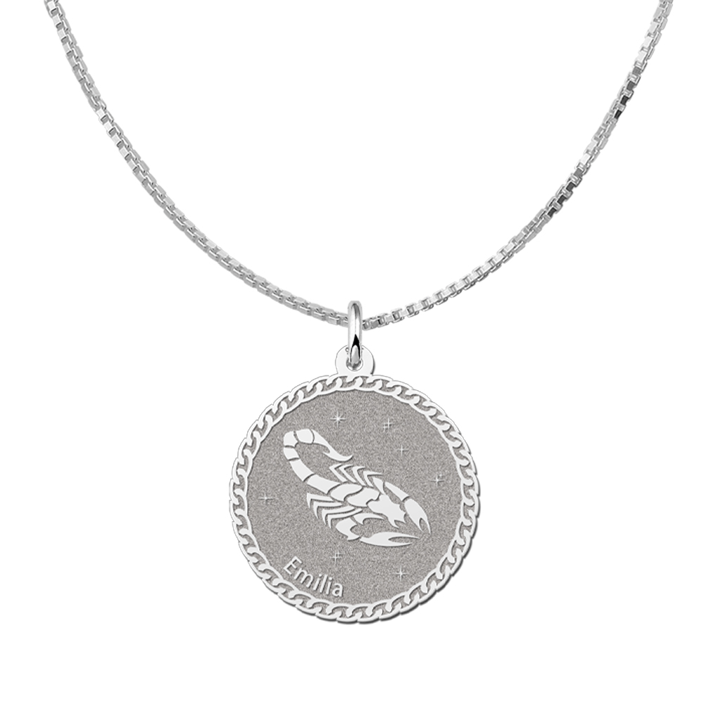 Silver Round Zodiac Pendant Scorpio with Name Engraving