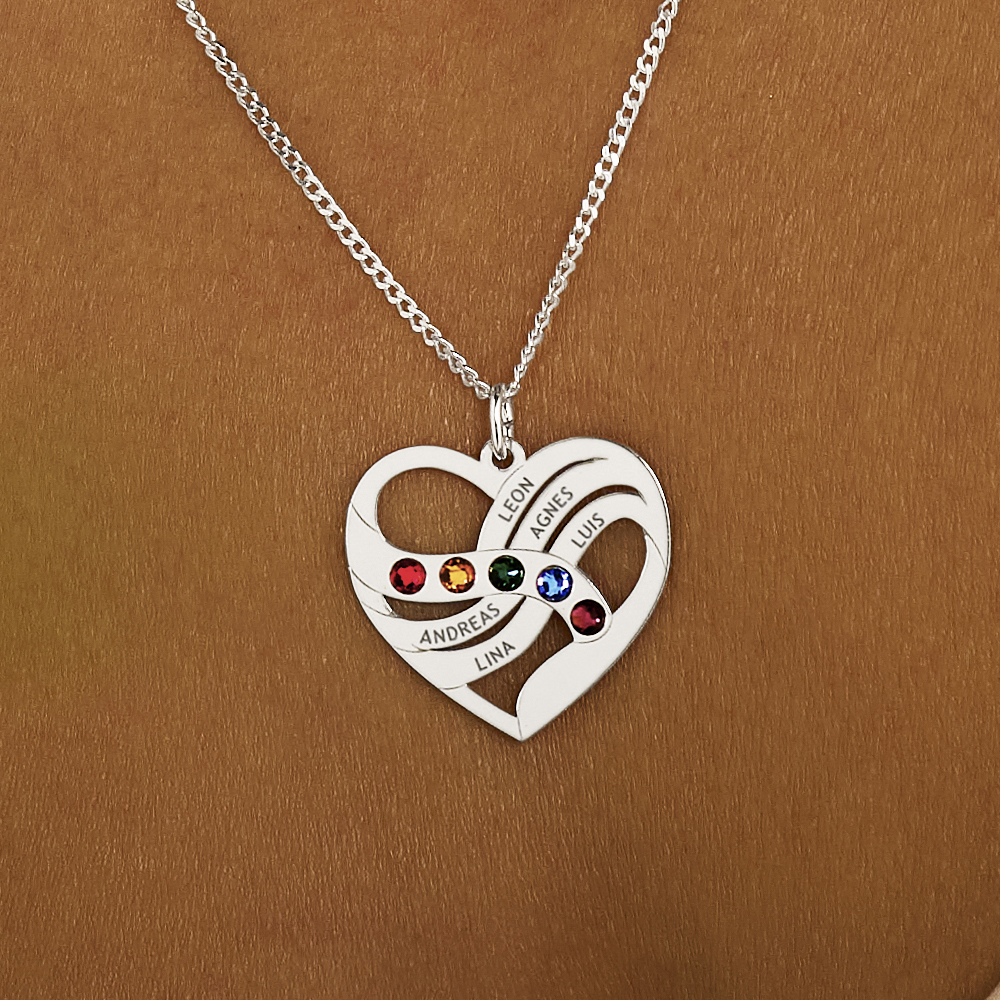 Silver heart pendant with names and birthstones