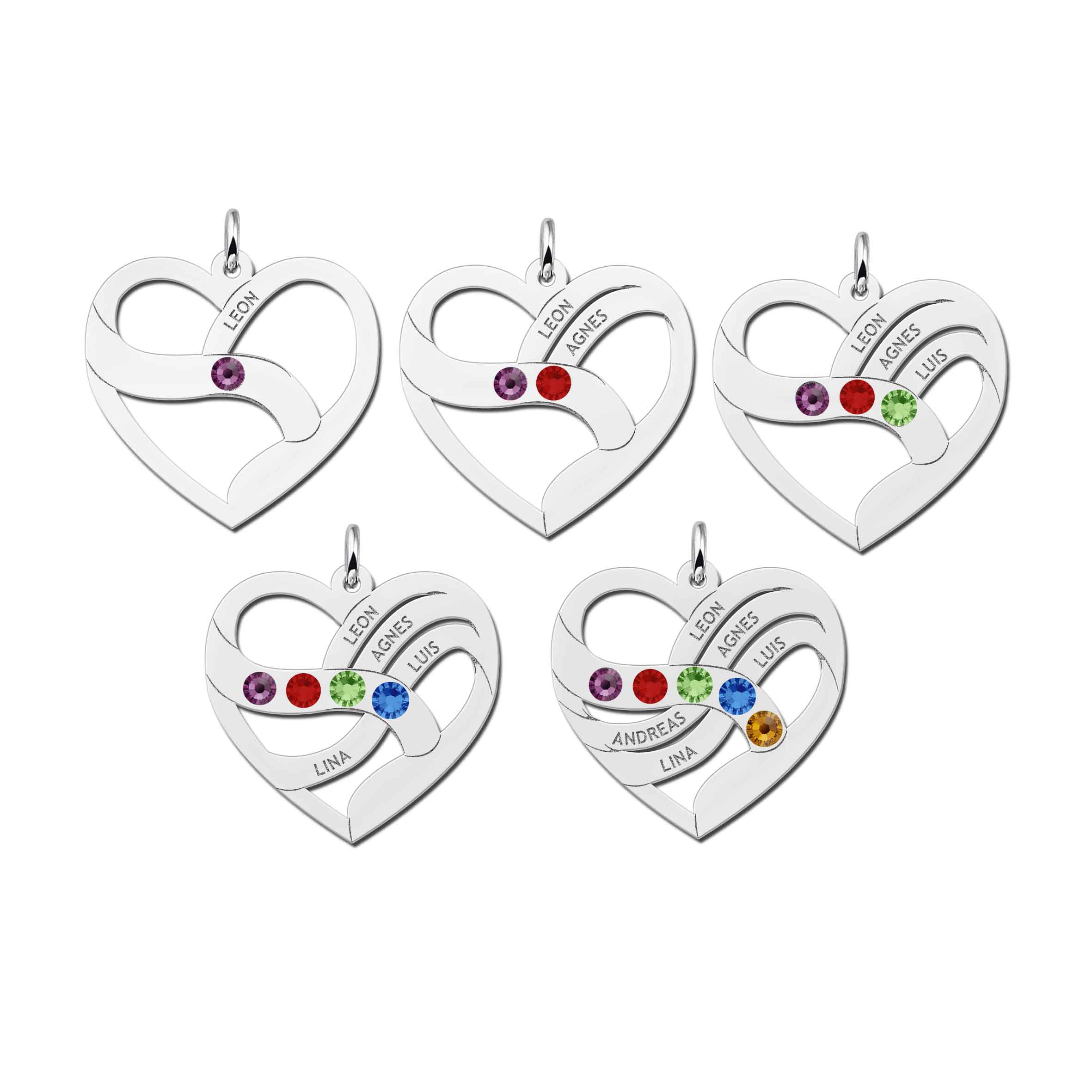 Silver heart pendant with names and birthstones