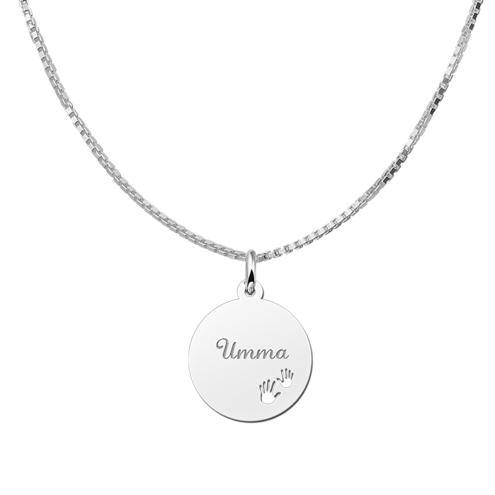 Silver Disc Necklace with Name and Hands