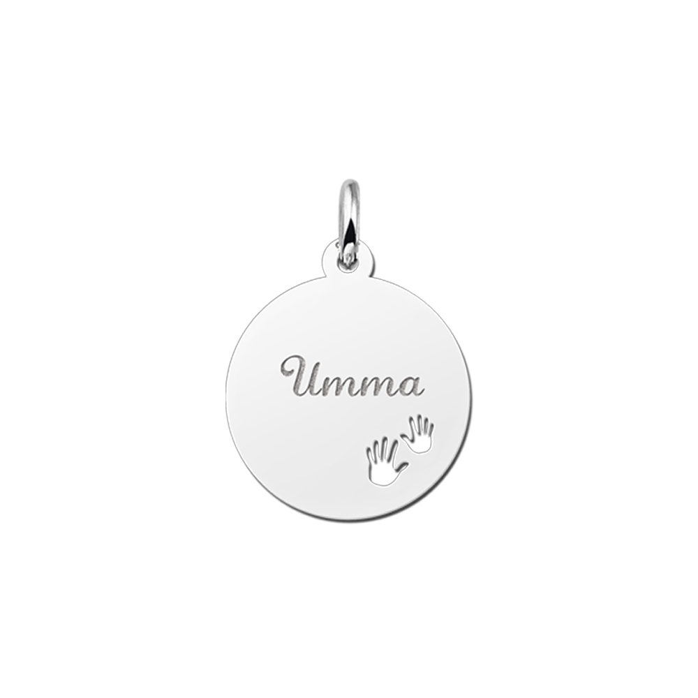 Silver pendant with name and baby hands