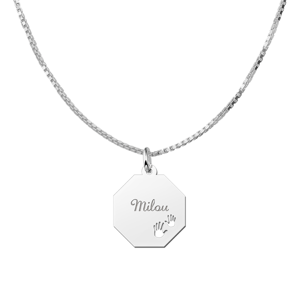 Silver Octagon Pendant with Name and Hands