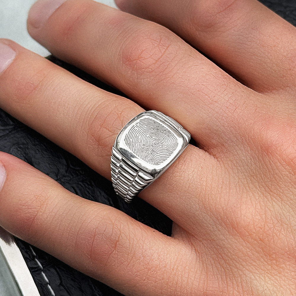 Rolex style silver signet ring with fingerprint