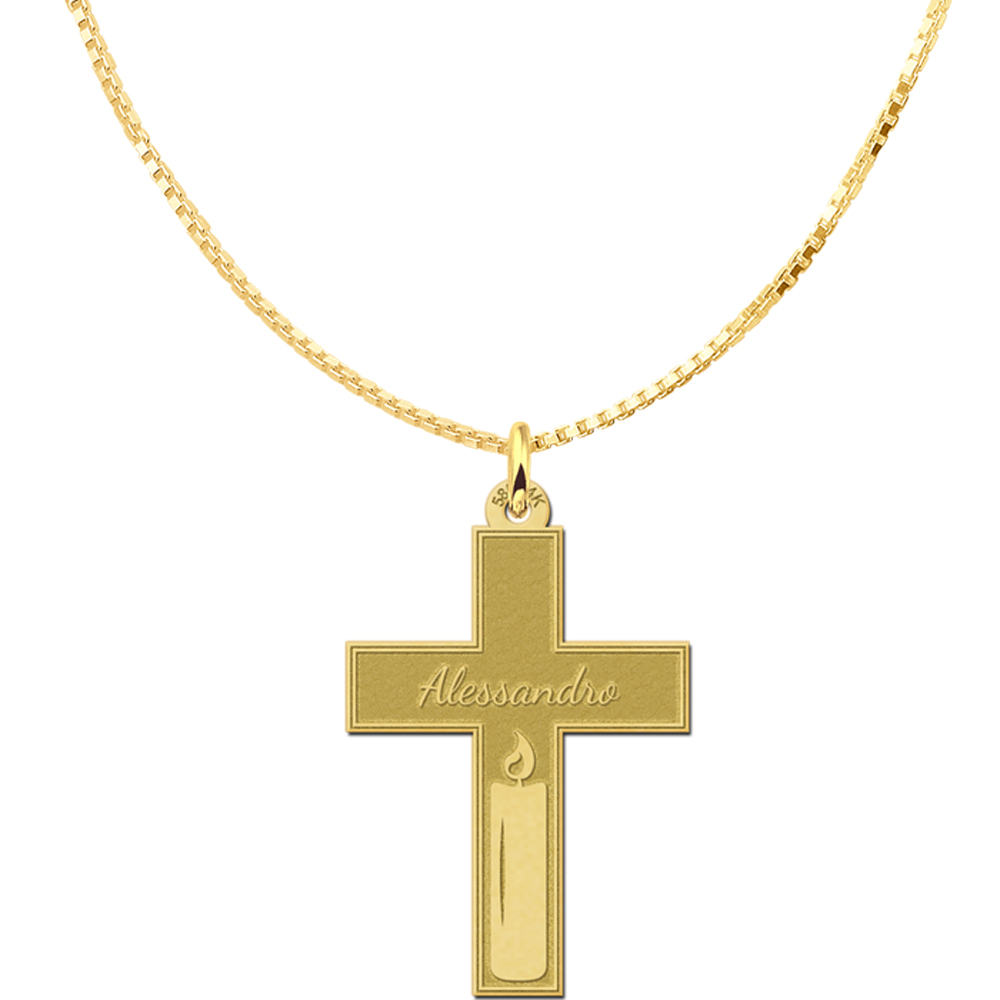 Golden Communion cross with engraving and candle