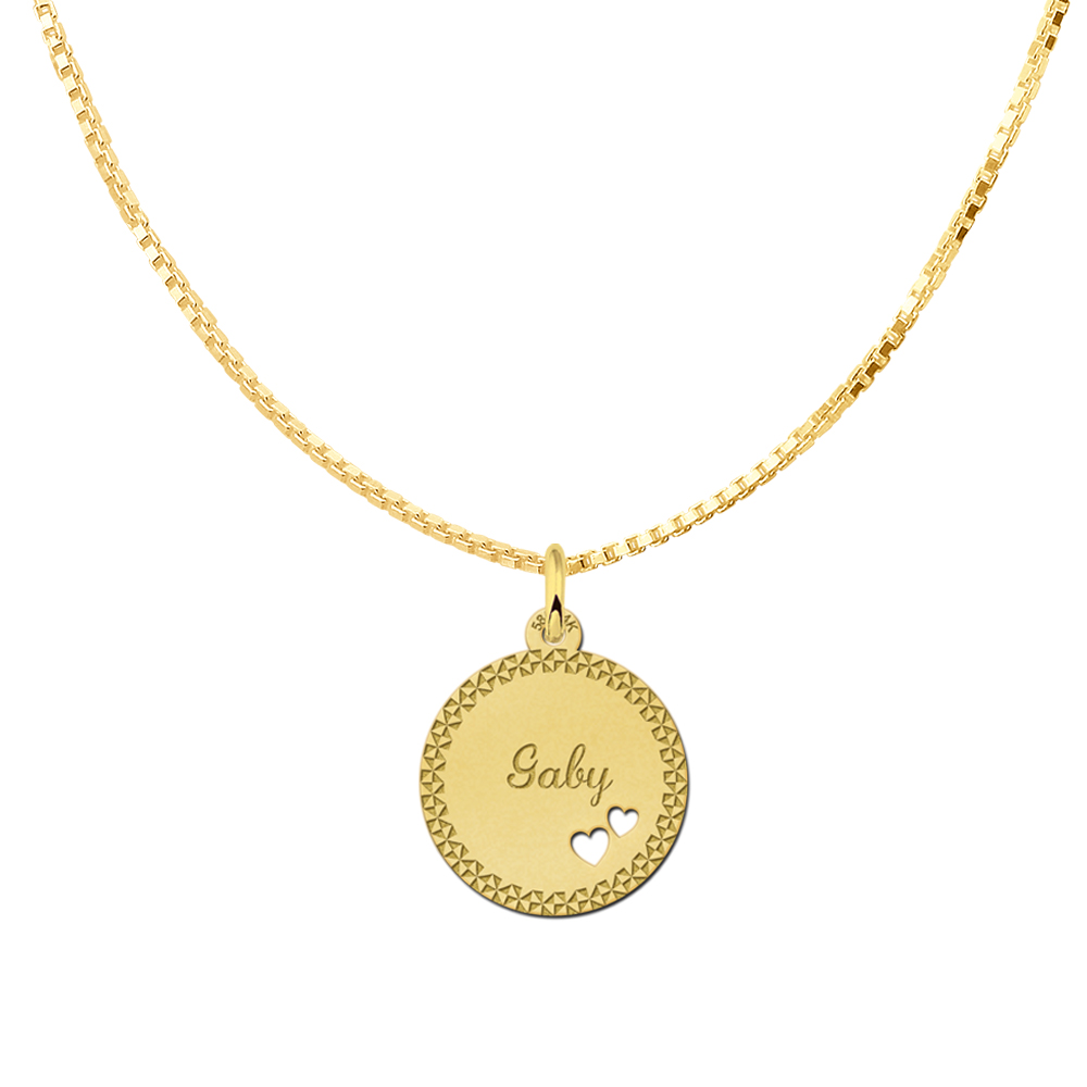 Golden Disc Necklace with Name, Border and Two Hearts