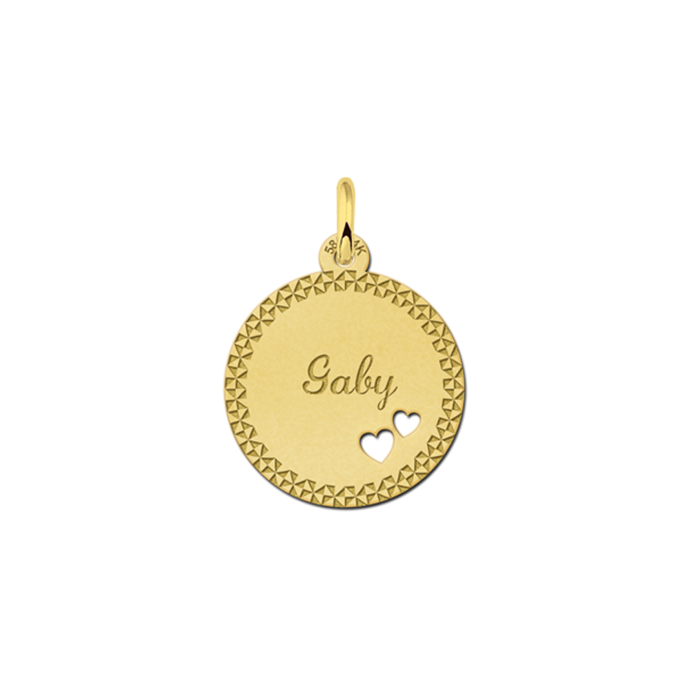 Golden Disc Necklace with Name, Border and Two Hearts
