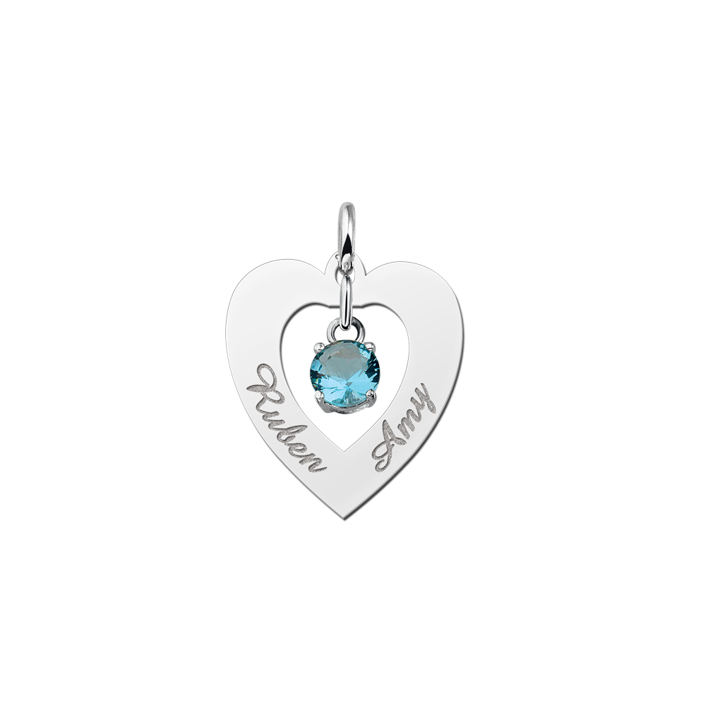 Silver pendant heart 2 names cubic zirconia