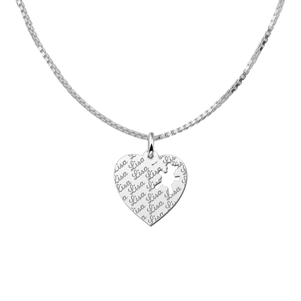 Fully Engraved Silver Heart Necklace with Bear