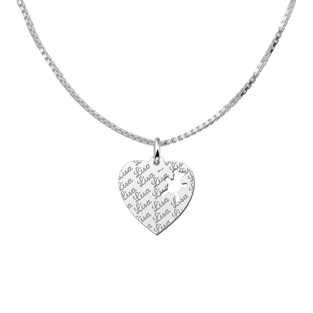 Fully Engraved Silver Heart Necklace with Bear