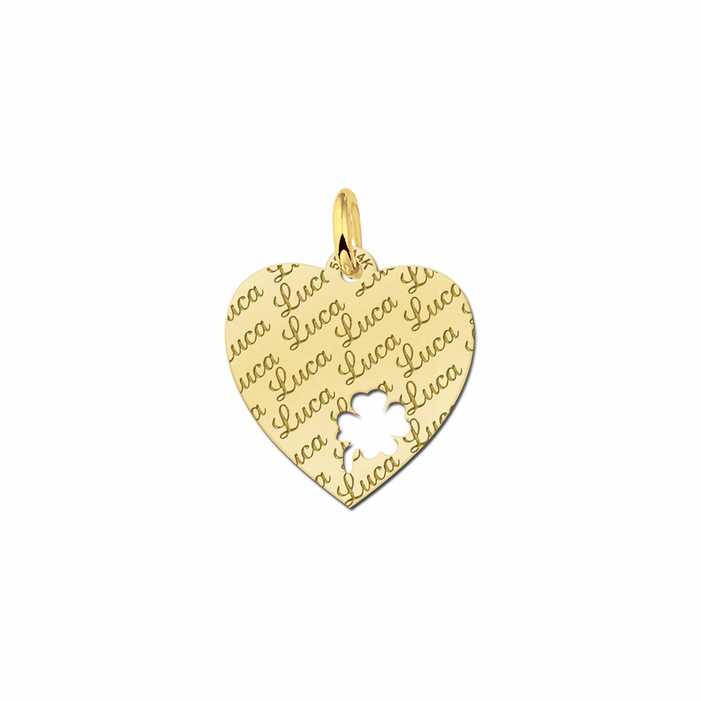 Repeatedly Engraved Gold Heart Nametag with Four Leaf Clover