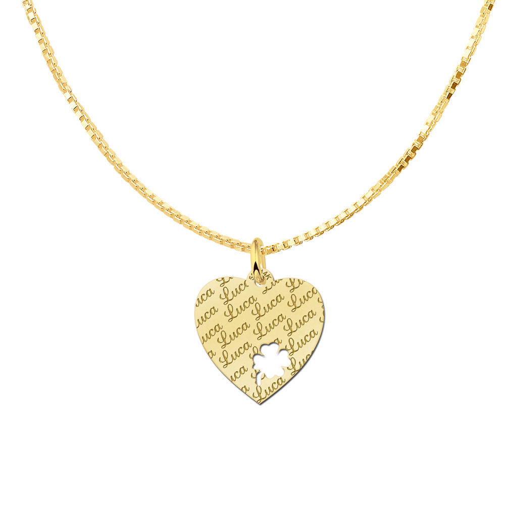 Repeatedly Engraved Gold Heart Nametag with Four Leaf Clover
