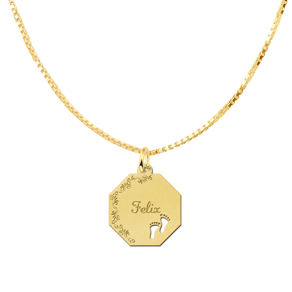 Gold Octagon Pendant with Name, Flowers and Babyfeet