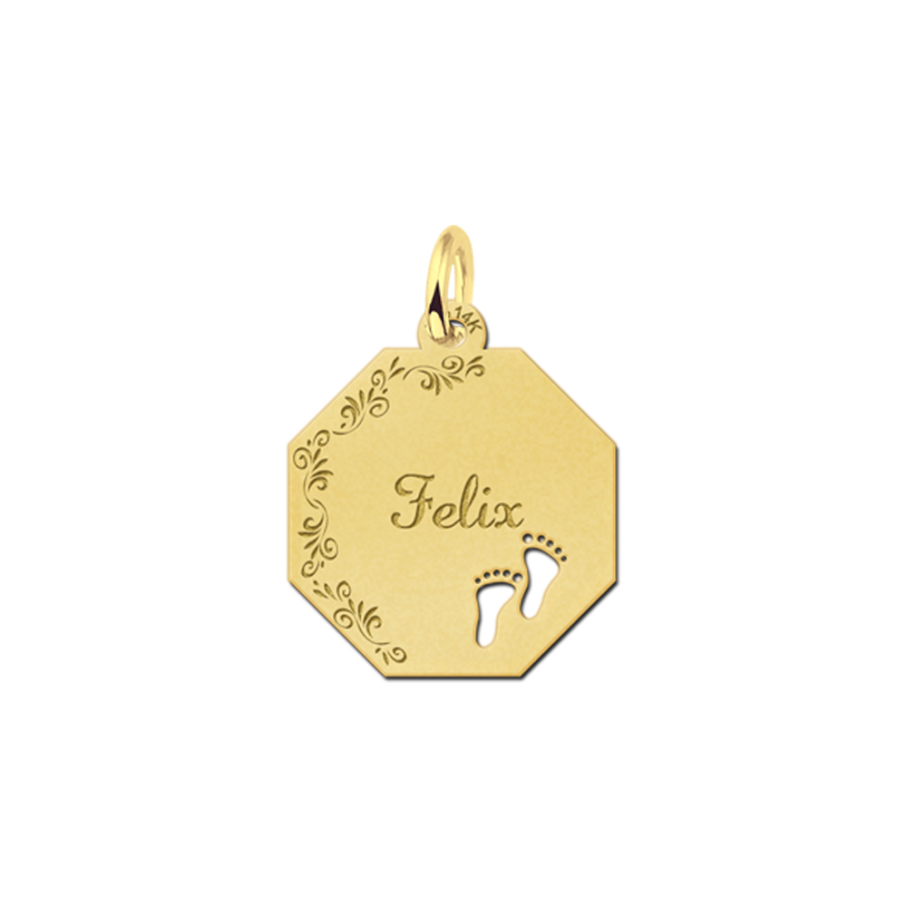 Gold Octagon Pendant with Name, Flowers and Babyfeet