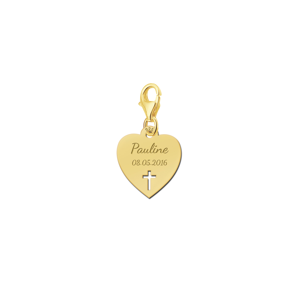 Gold Plated Heart Charm with Cutout Cross, Name and Date