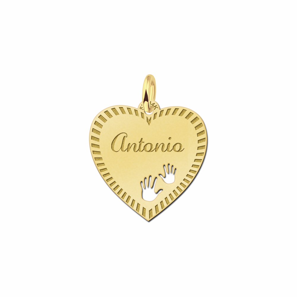 Silver engraved heart nametag design hands