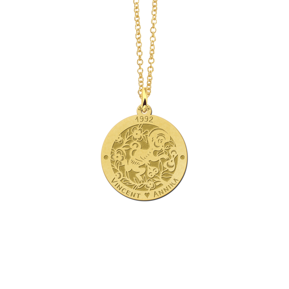 Gold round chinese zodiac pendant monkey