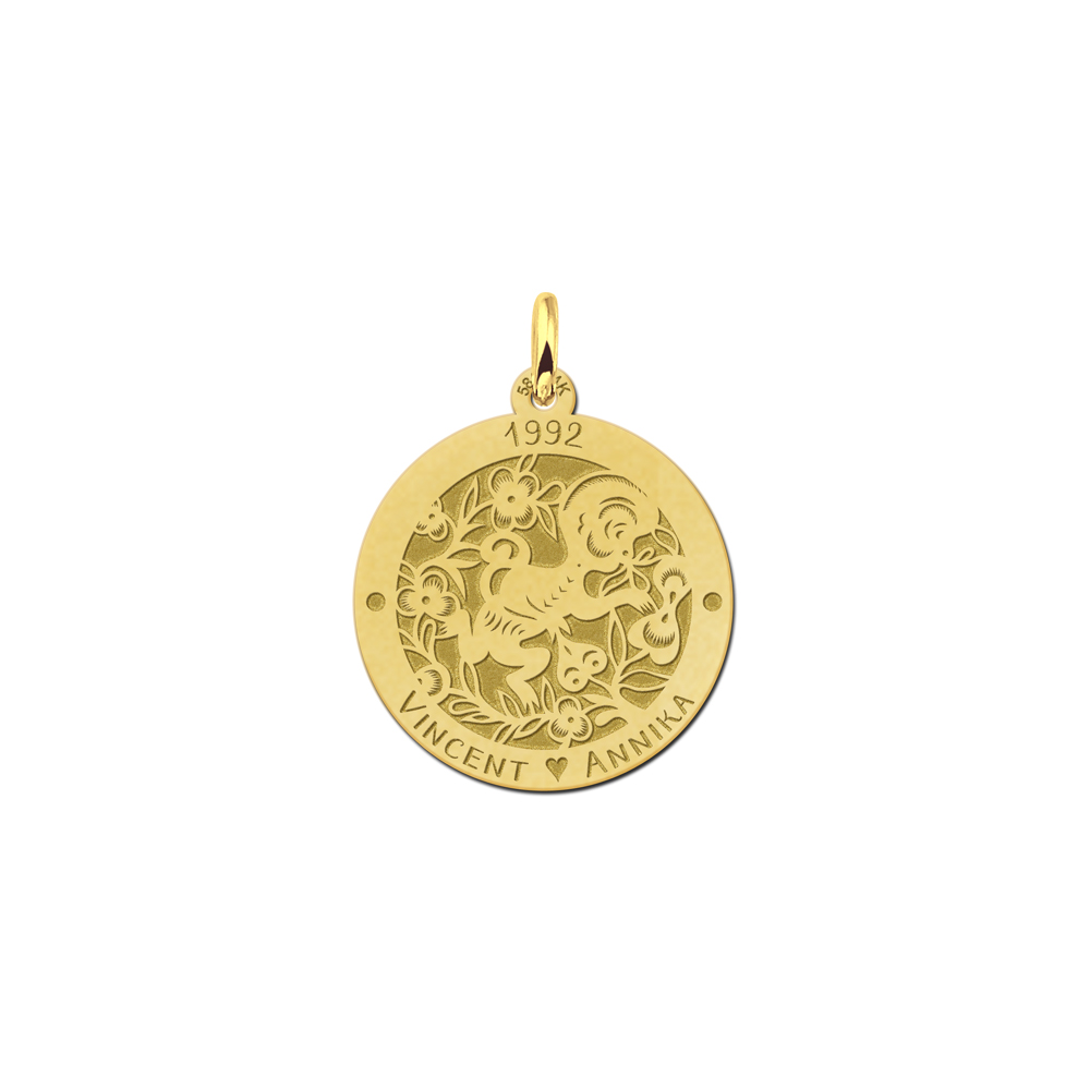Gold round chinese zodiac pendant monkey