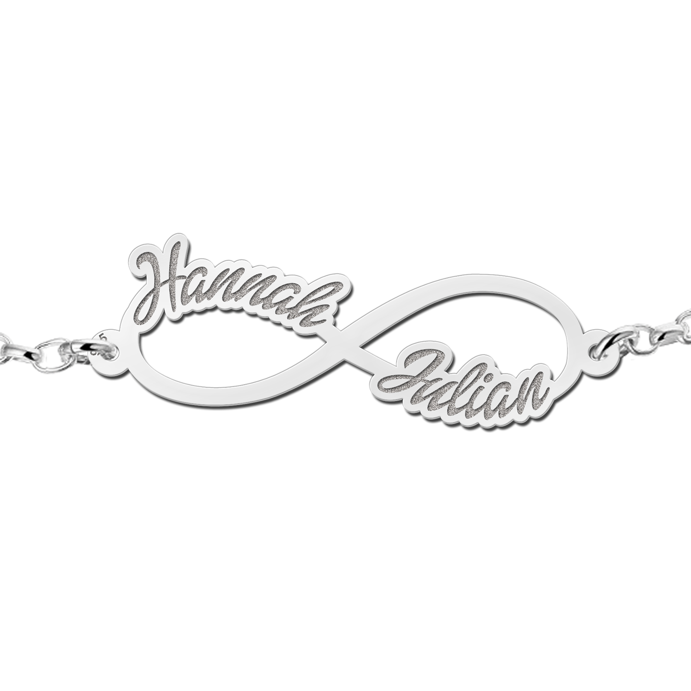 Silver infinity bracelet with two written names