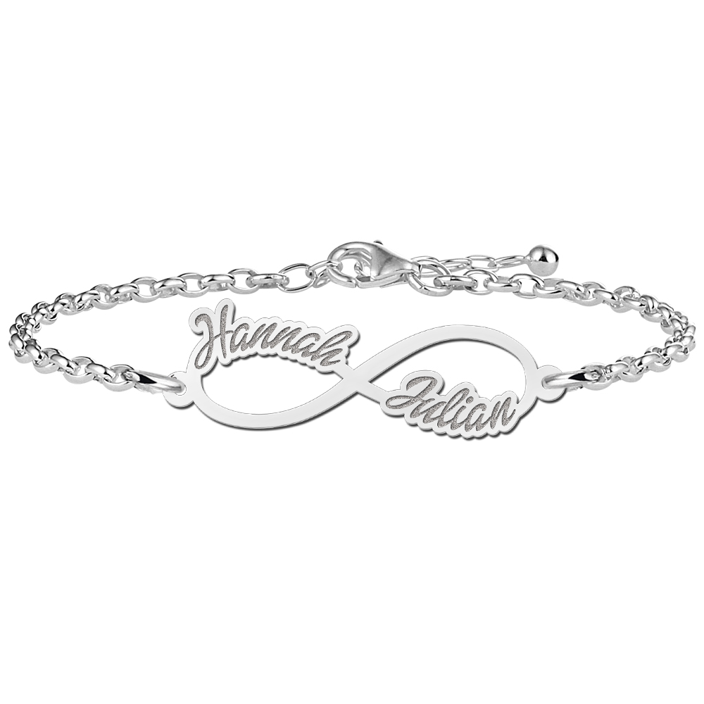 Silver infinity bracelet with two written names