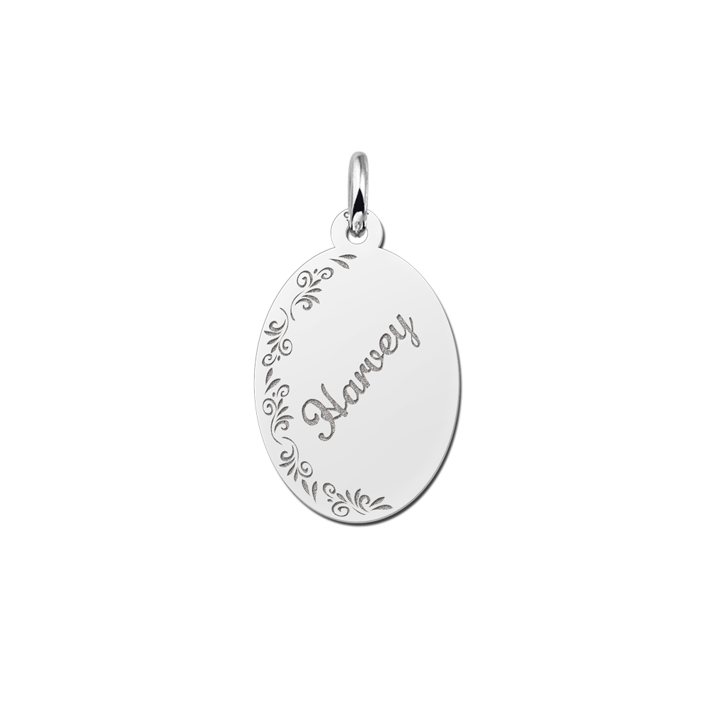 Silver Oval Necklace with Name and Flowers