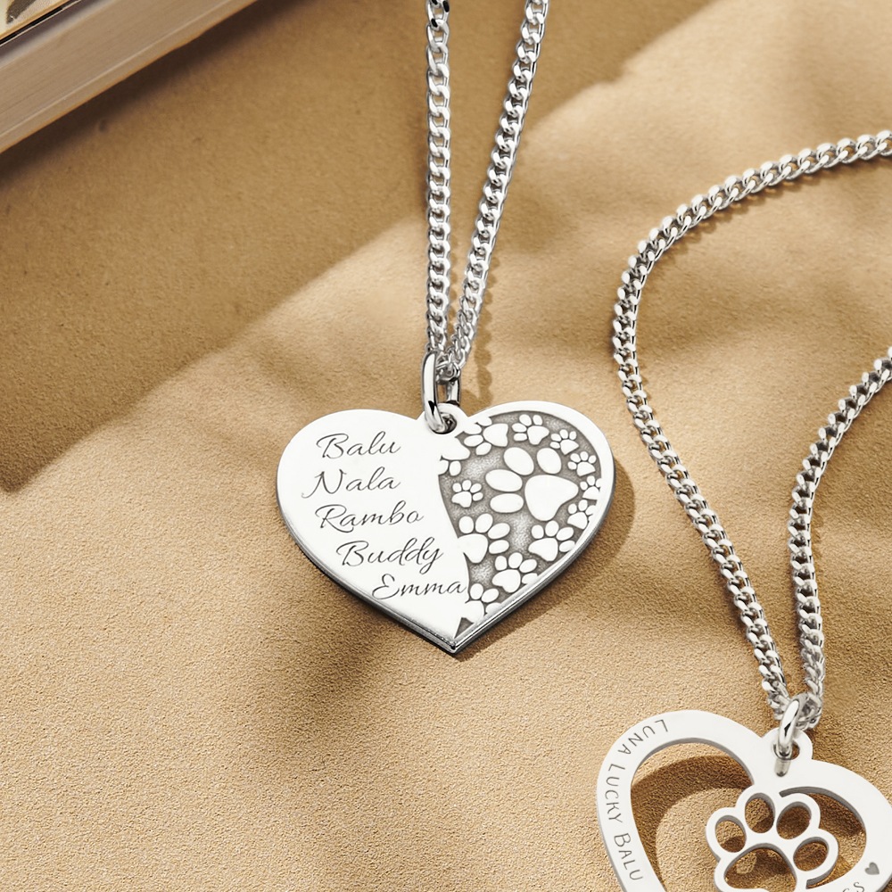 Silver pet heart pendant with paw prints and names