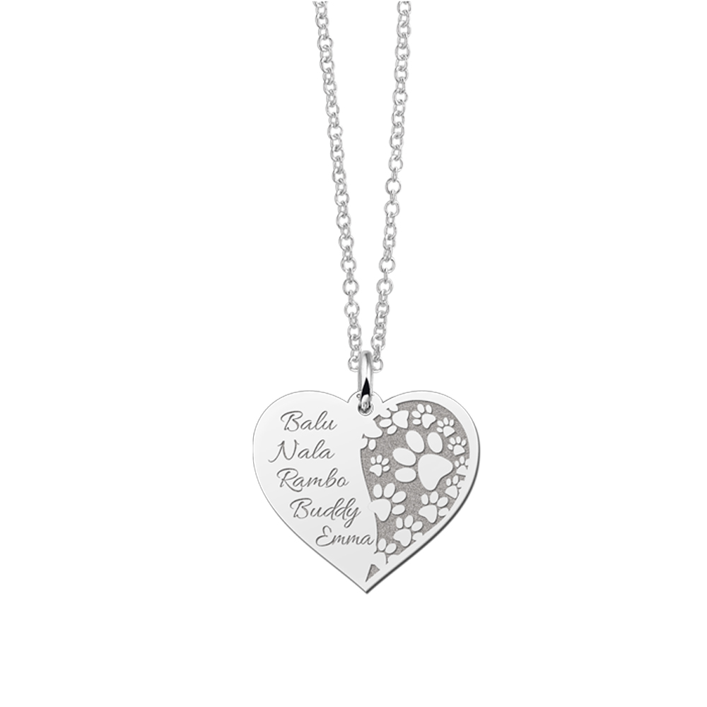Silver animal necklace heart shape with paws and names
