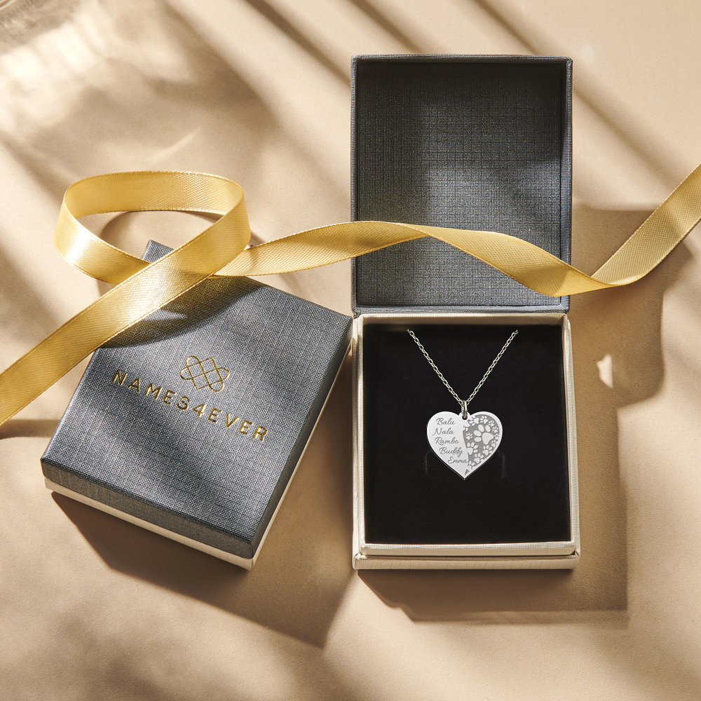 Silver pet heart pendant with paw prints and names