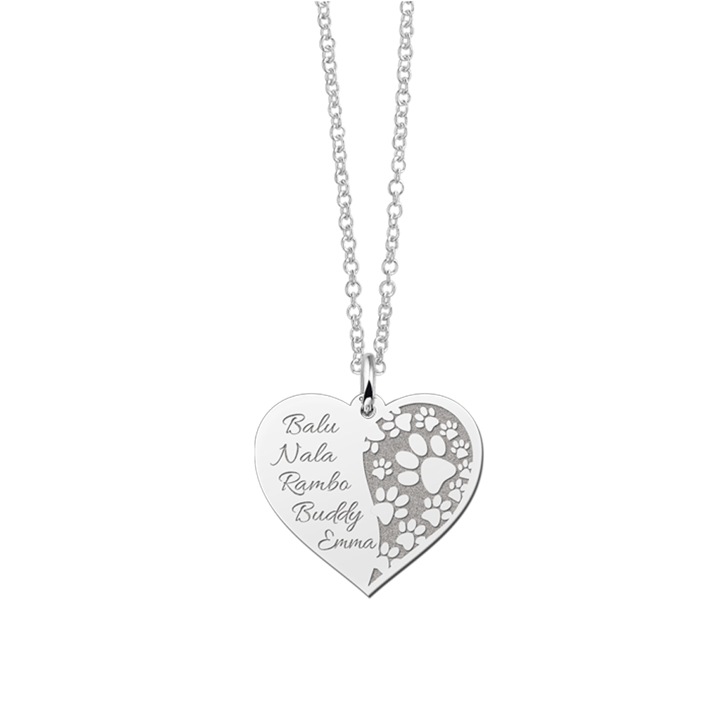 Silver pet heart pendant with paw prints and names