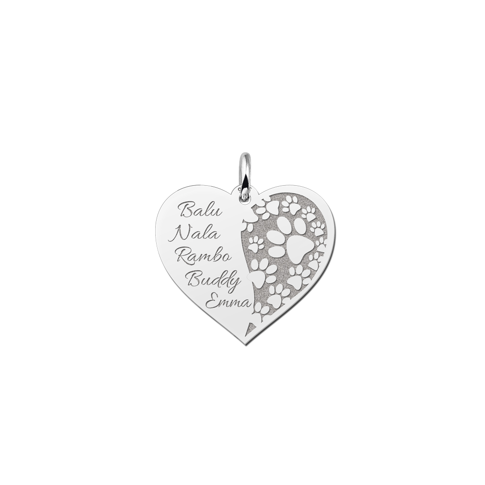 Silver pet heart pendant with paw prints and names