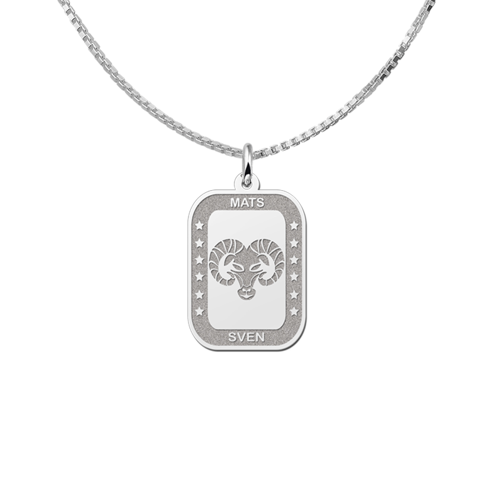 Silver Rectangular Zodiac Pendant Aries with Name Engraving