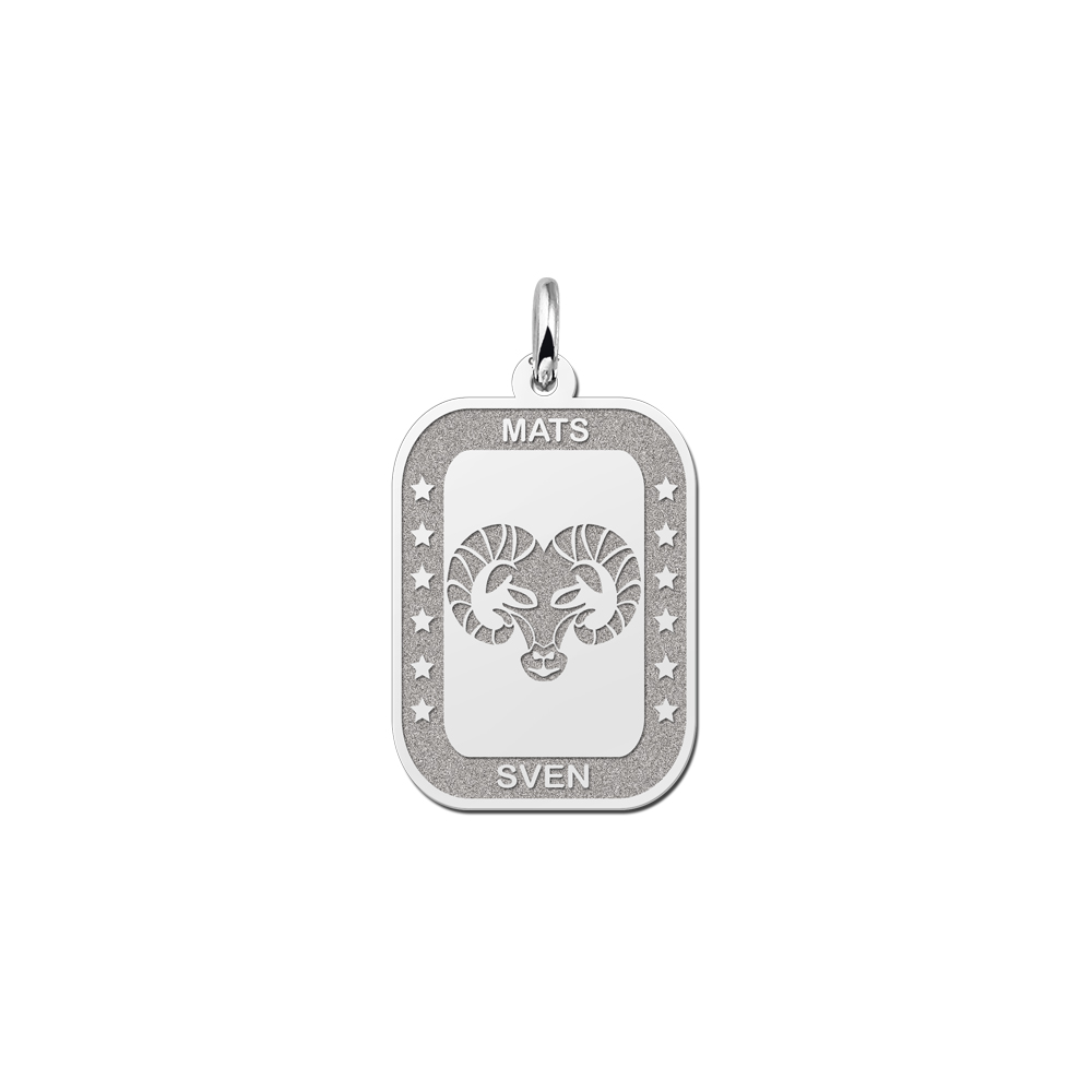 Silver Rectangular Zodiac Pendant Aries with Name Engraving