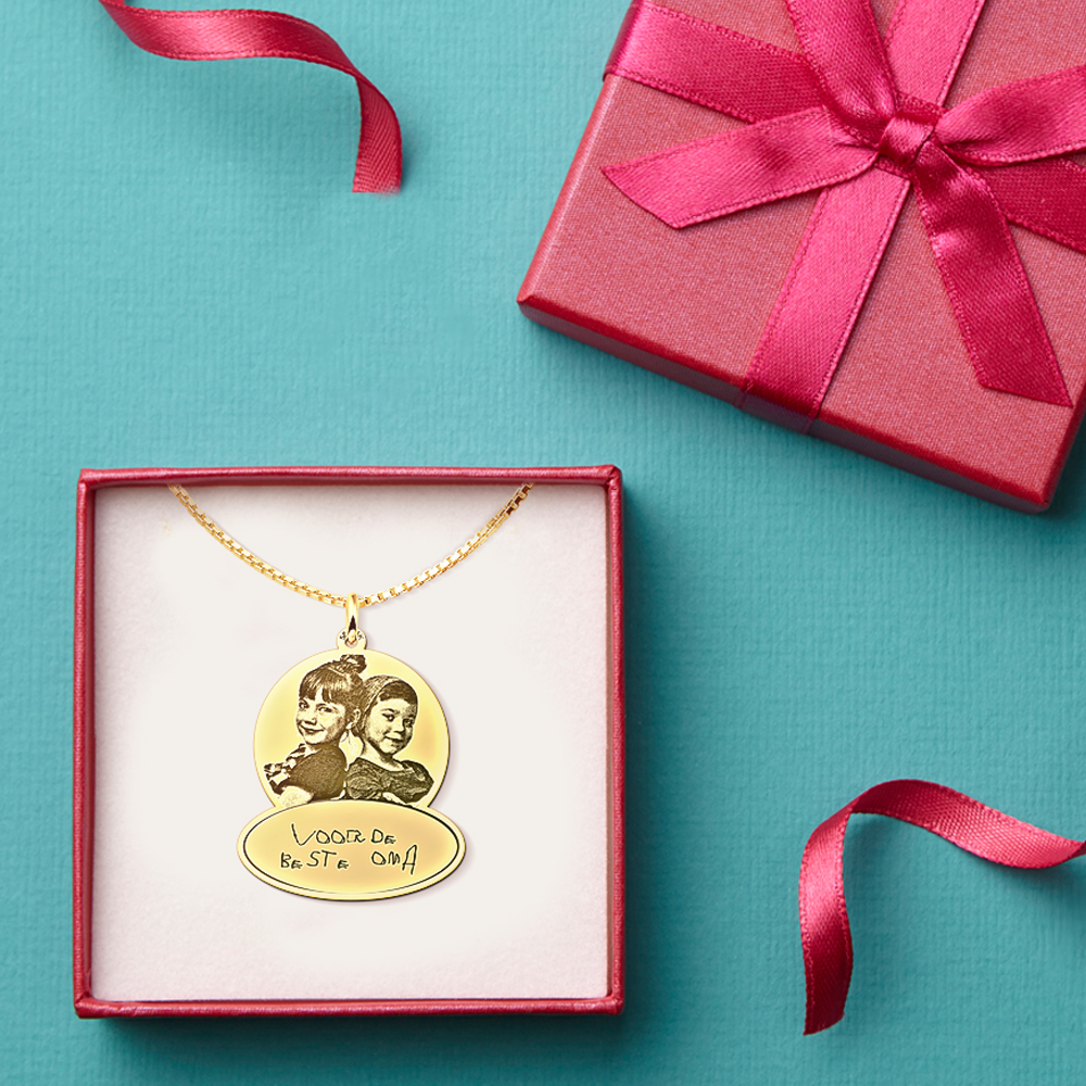 Golden pendant with photo and own handwriting