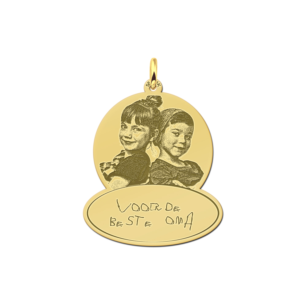 Golden pendant with photo and own handwritinghandwriting