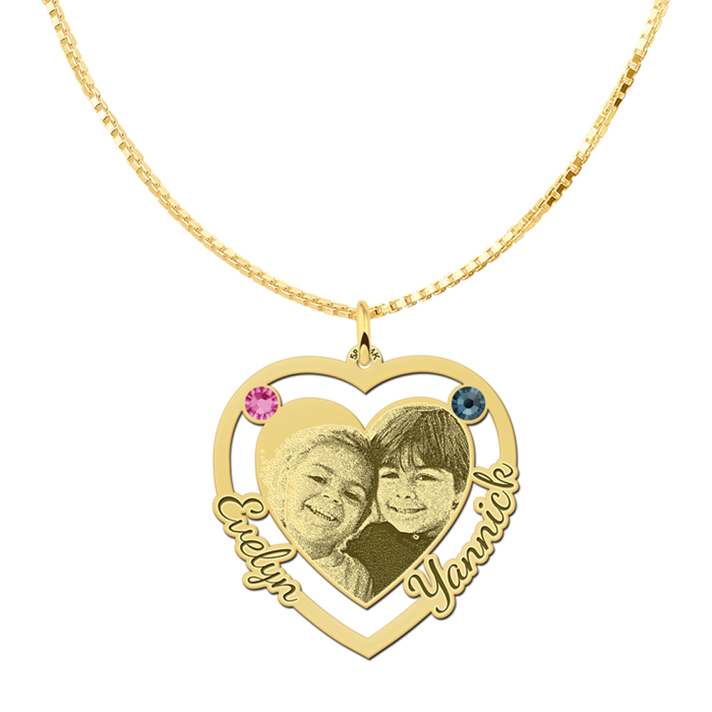 Photo engraving pendant with heart and two birthstones gold
