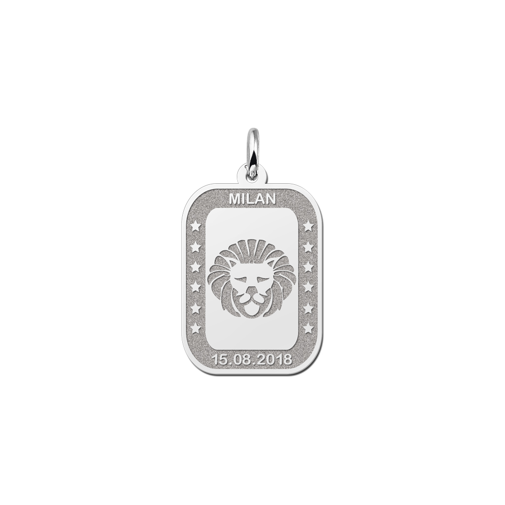 Silver Rectangular Zodiac Pendant Leo with Name Engraving