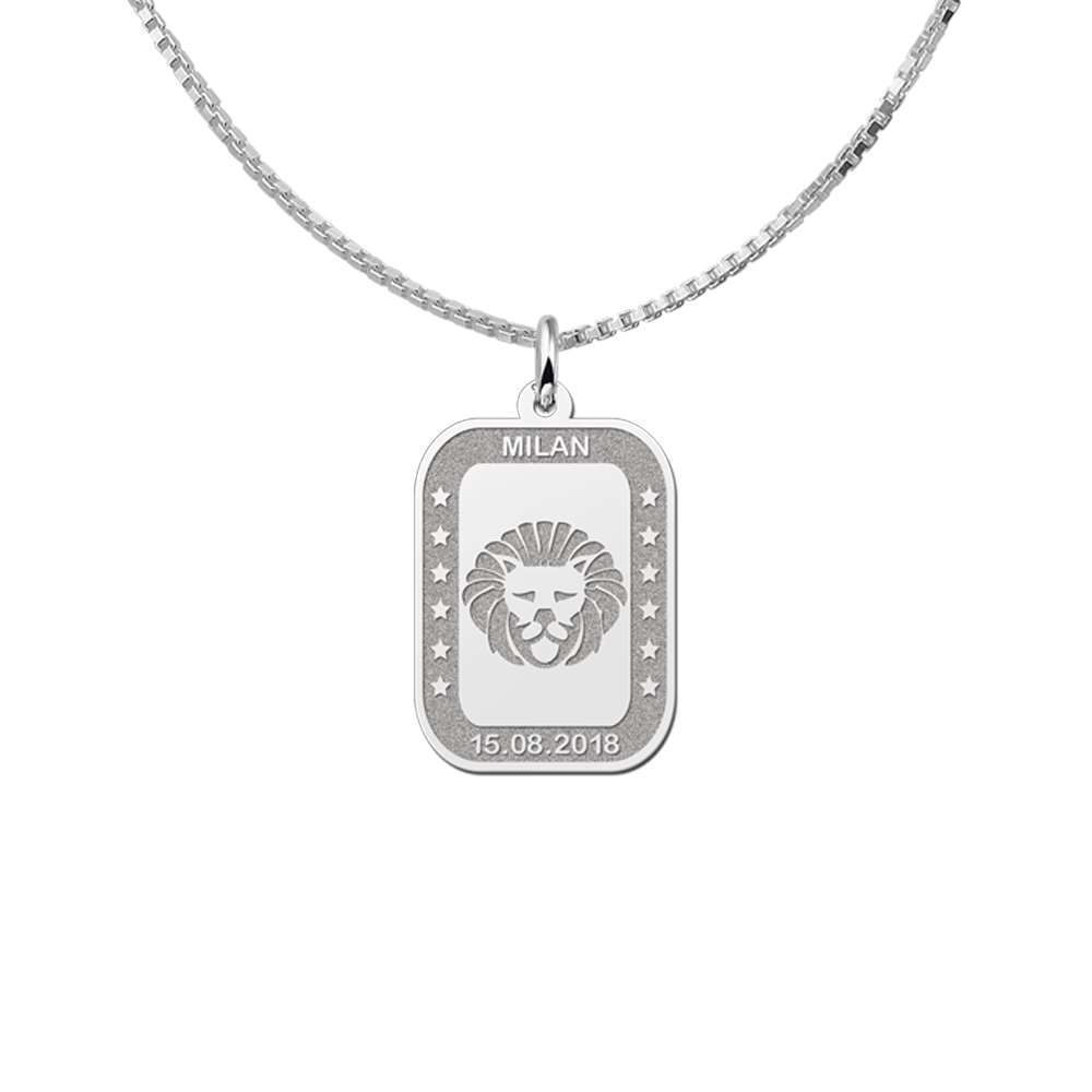 Silver Rectangular Zodiac Pendant Leo with Name Engraving