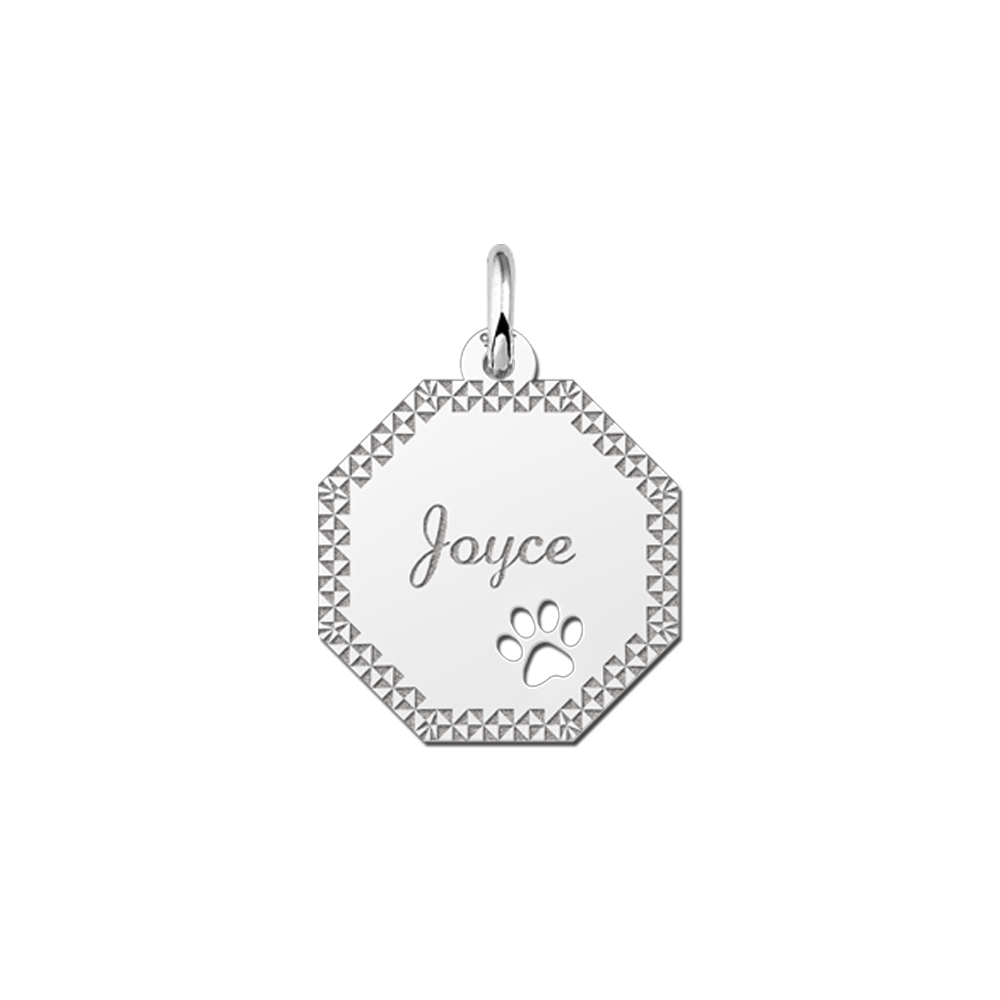 Silver Octagon Pendant with Name, Border and Dog Paw