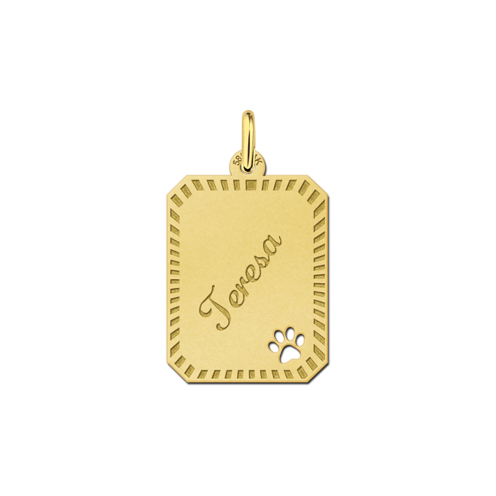 Gold rectangular pendant with paw and border