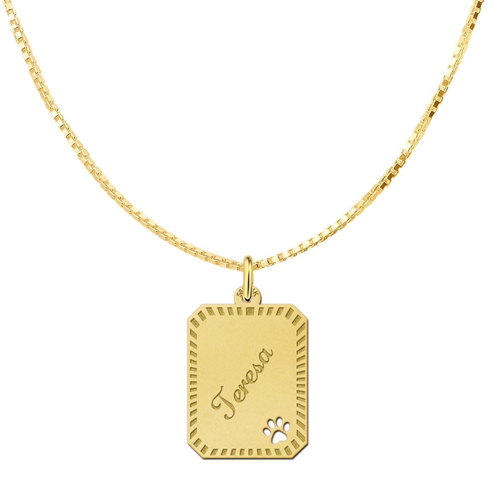 Gold rectangular pendant with paw and border