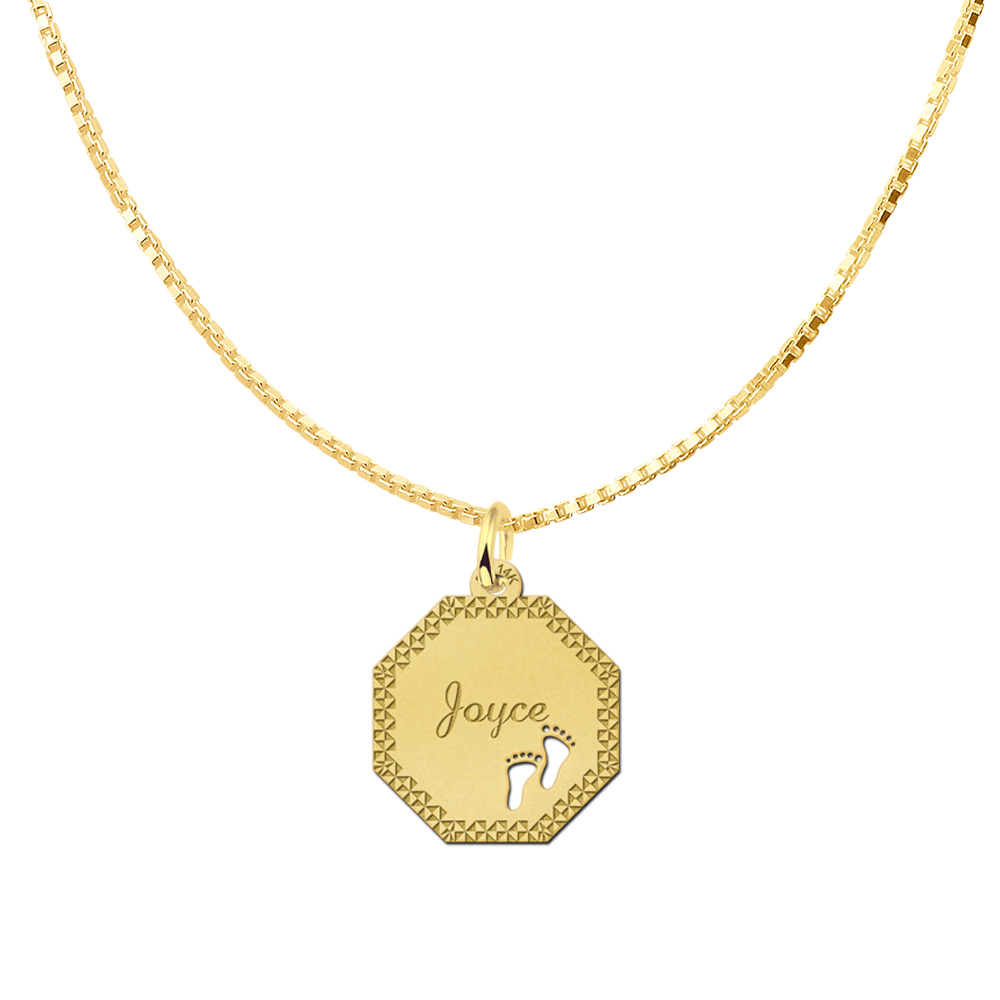 Gold Octagon Pendant with Name, Border and Babyfeet