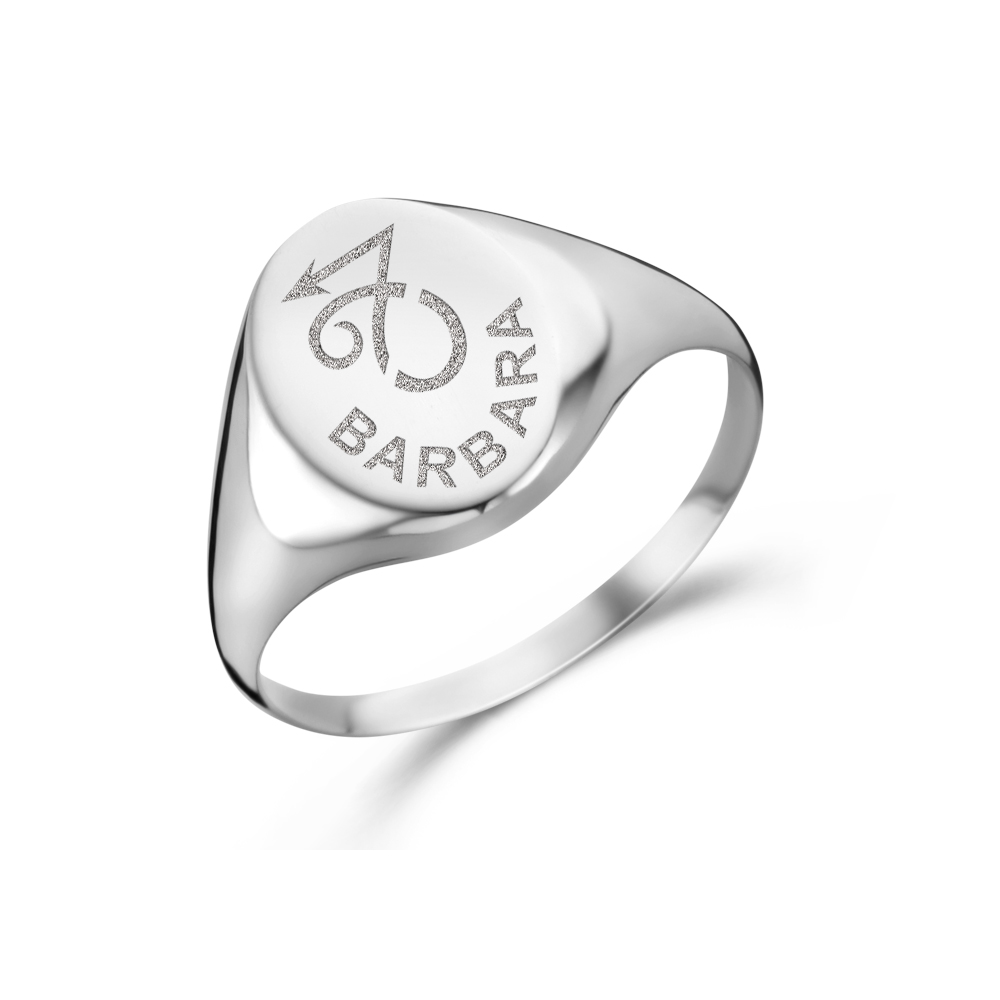 Silver signet ring oval with zodiac sign and name engraving